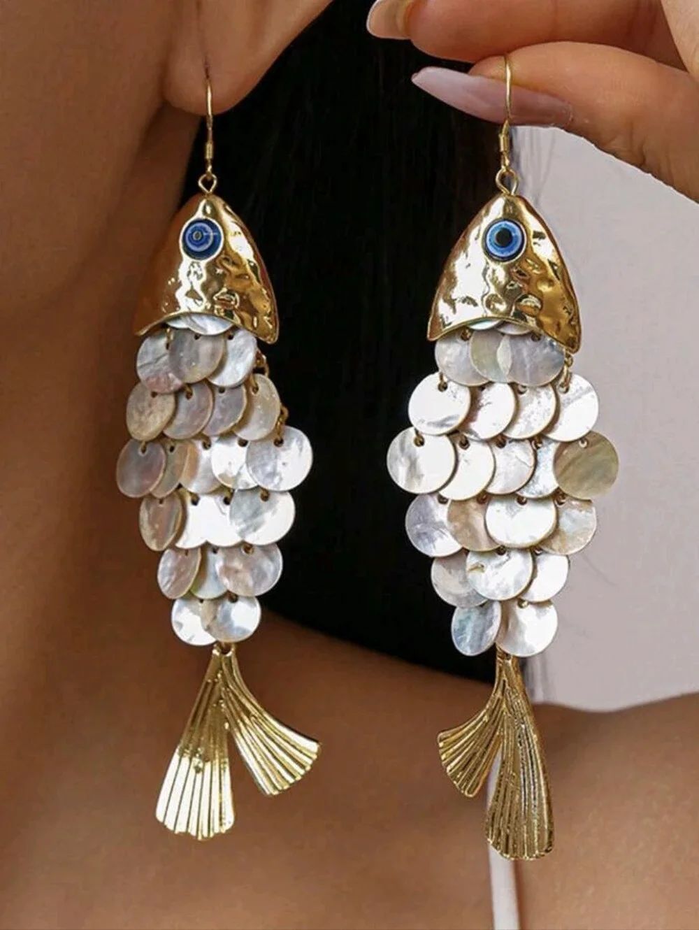 Gold Statement Pearl Fish Dangle Earrings